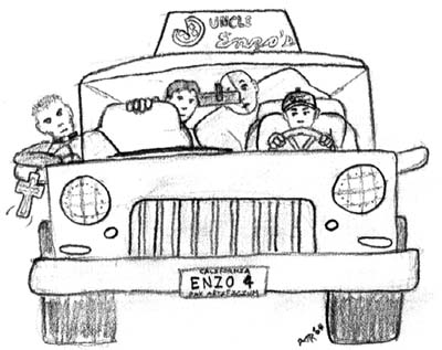 The gang motors it to the church in a pizza delivery SUV
